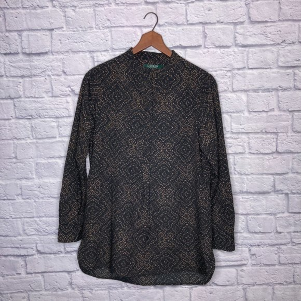 Lauren‎ Ralph Lauren Medium M Black Tan Medallion Print Popover Tunic Top Blouse